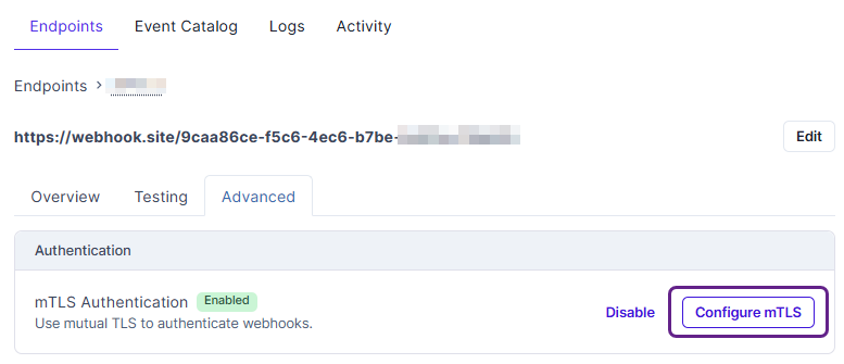 A fragment of the webhook UI that directs the user to the mTLS configuration page